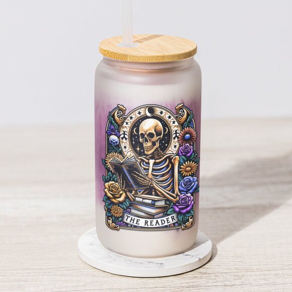 The Reader, Skeleton Tarot Card Mug, Gothic, Glass Tumbler, Booktok, Pagan - Picture 5 of 6